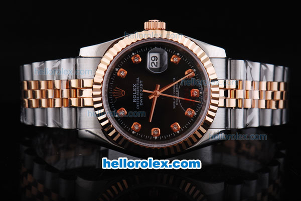 Rolex Datejust Oyster Perpetual Automatic Rose Gold Bezel with Black Dial and Diamond Marking-Small Calendar - Click Image to Close